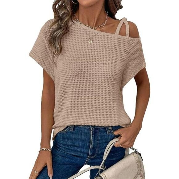 Off Shoulder Waffle Knit Top One Sleeve Casual Lightweight Summer T Shirt - Picture 6 of 6